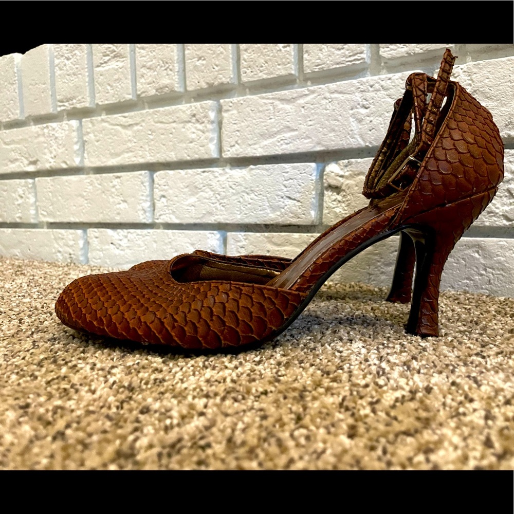 Novela Ankle Strap Brown Snake Skin Heels